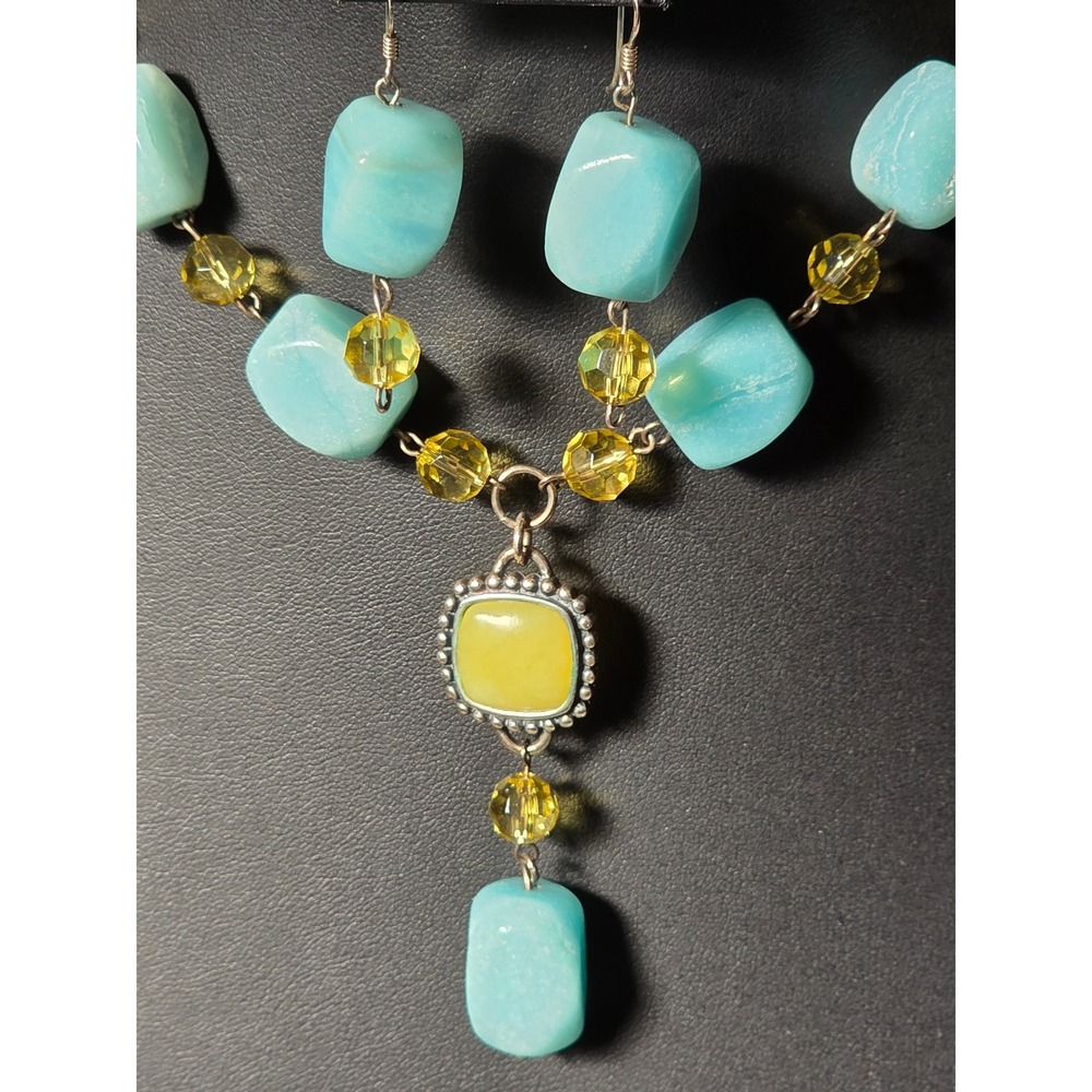 925 Sterling Silver‎ Blue Gemstone Necklace & Earrings Demi Parure 17"